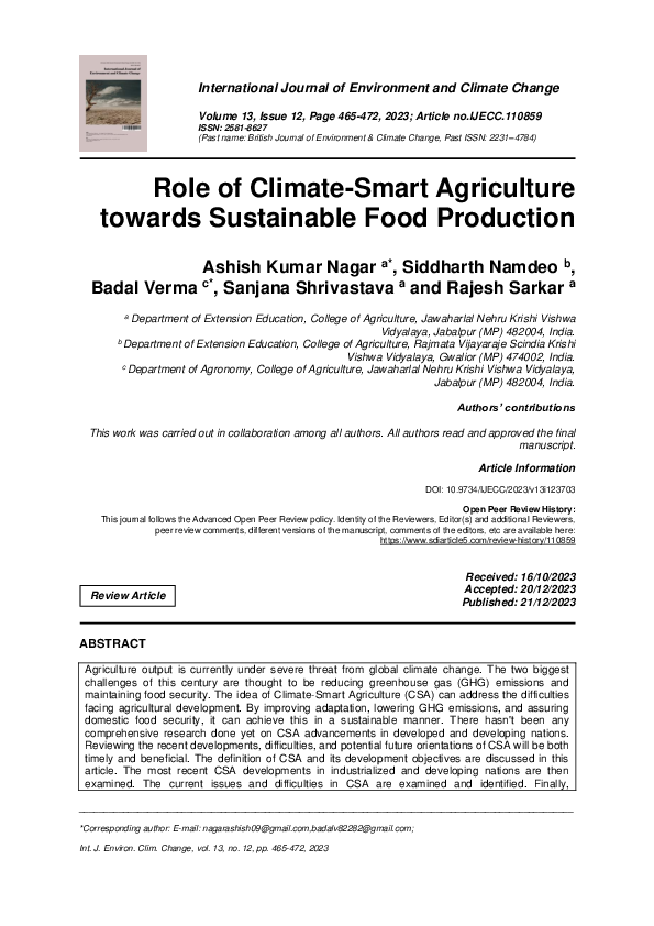(PDF) Role of Climate-Smart Agriculture towards Sustainable Food Production