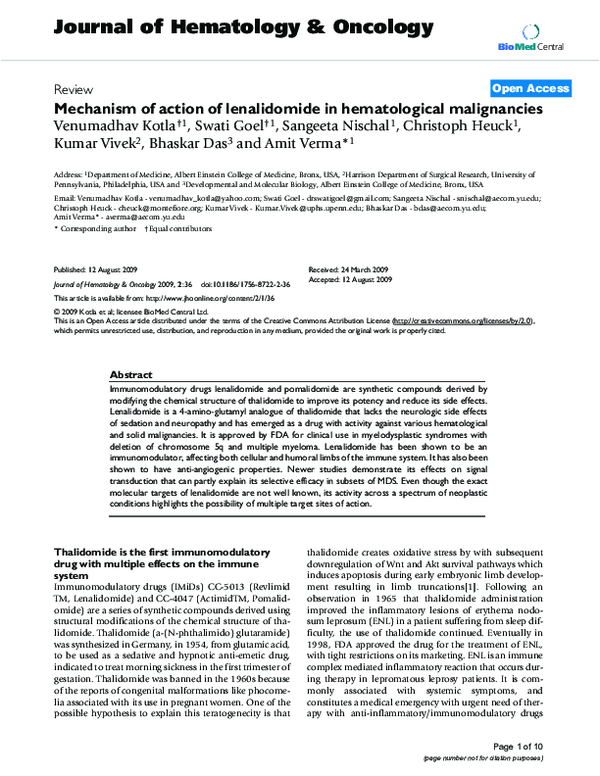 (PDF) Mechanism of action of lenalidomide in hematological malignancies