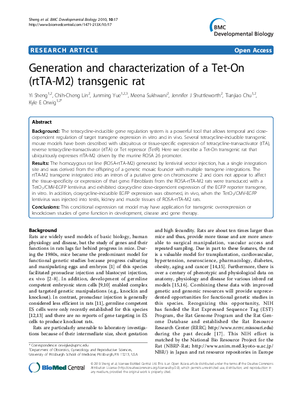 (PDF) Generation and characterization of a Tet-On (rtTA-M2) transgenic rat