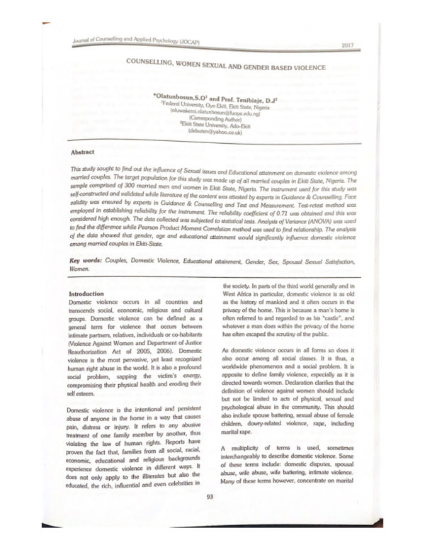 (PDF) COUNSELLING, WOMEN SEXUAL AND GENDER BASED VIOLENCE
