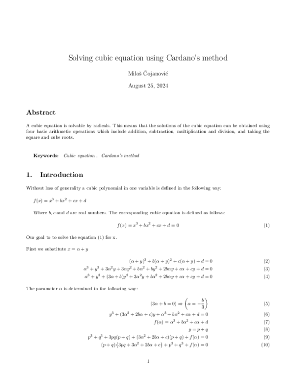 (PDF) Solving cubic equation using Cardano’s method