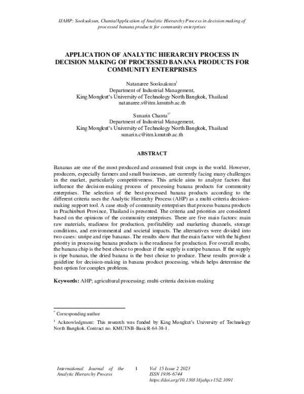 (PDF) Application of Analytic Hierarchy Process Indecision Making of ...