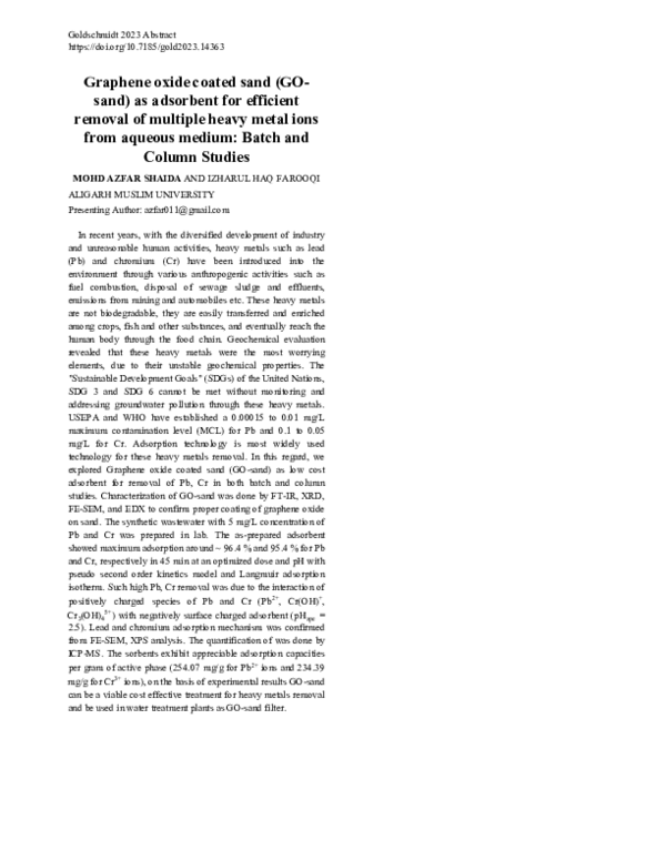(PDF) Graphene oxide coated sand (GO-sand) as adsorbent for efficient ...