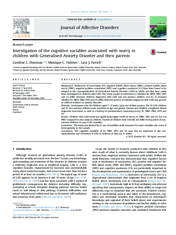 (PDF) Investigation of the cognitive variables associated with worry in ...