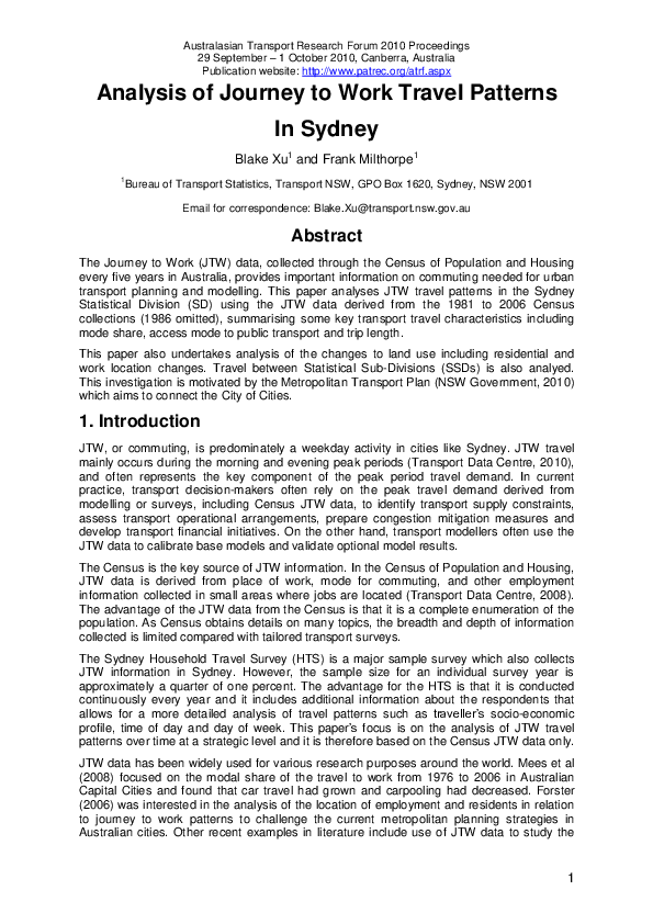 (PDF) Analysis of journey to work travel patterns in Sydney