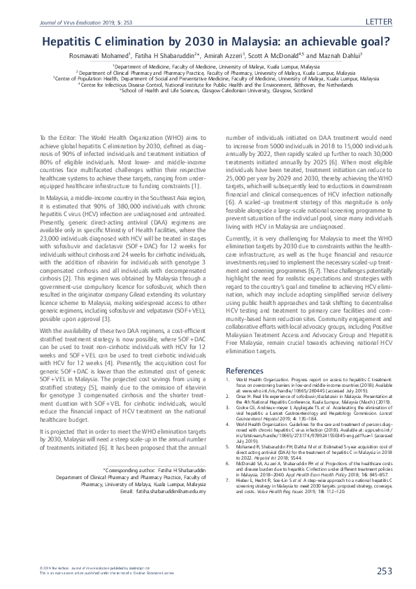 (PDF) Hepatitis C elimination by 2030 in Malaysia: an achievable goal?