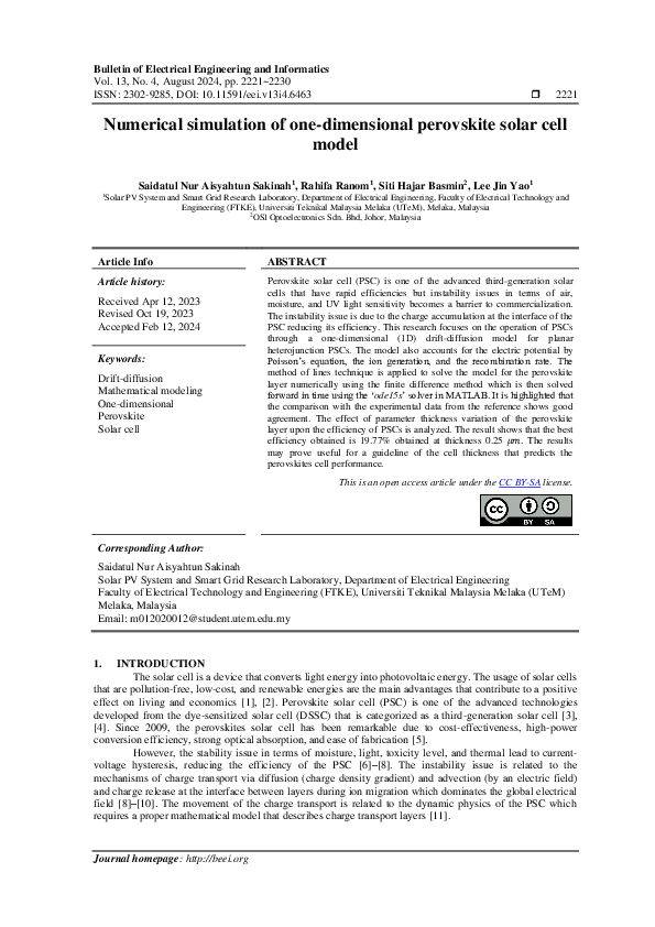 (PDF) Numerical simulation of one-dimensional perovskite solar cell model