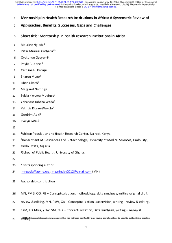 (PDF) Mentorship in Health Research Institutions in Africa: A ...