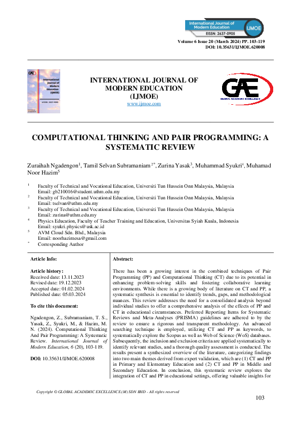 (PDF) Computational Thinking and Pair Programming: A Systematic Review