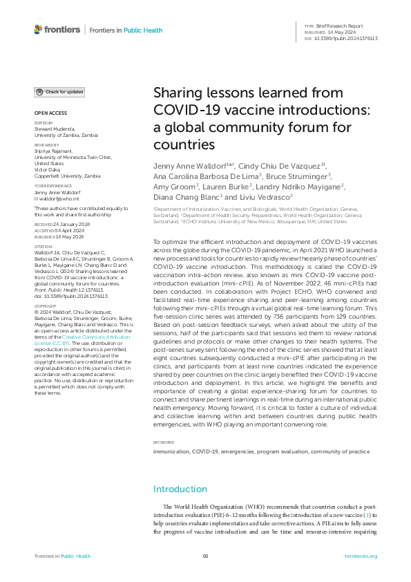 (PDF) Sharing lessons learned from COVID-19 vaccine introductions: a ...