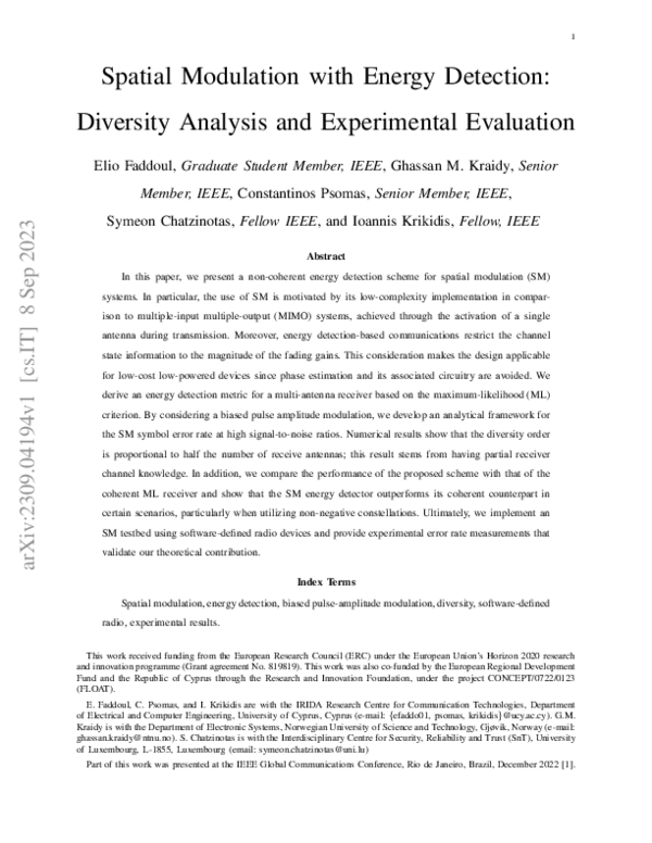 (PDF) Spatial Modulation with Energy Detection: Diversity Analysis and ...