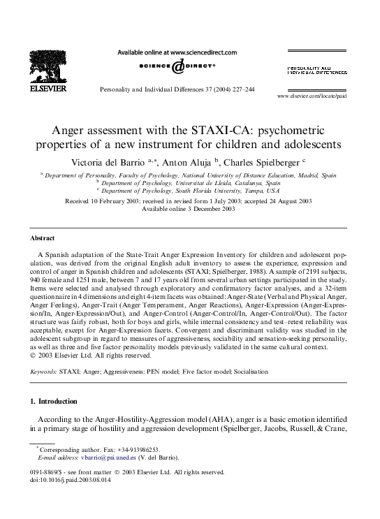 (PDF) Anger assessment with the STAXI-CA: psychometric properties of a ...