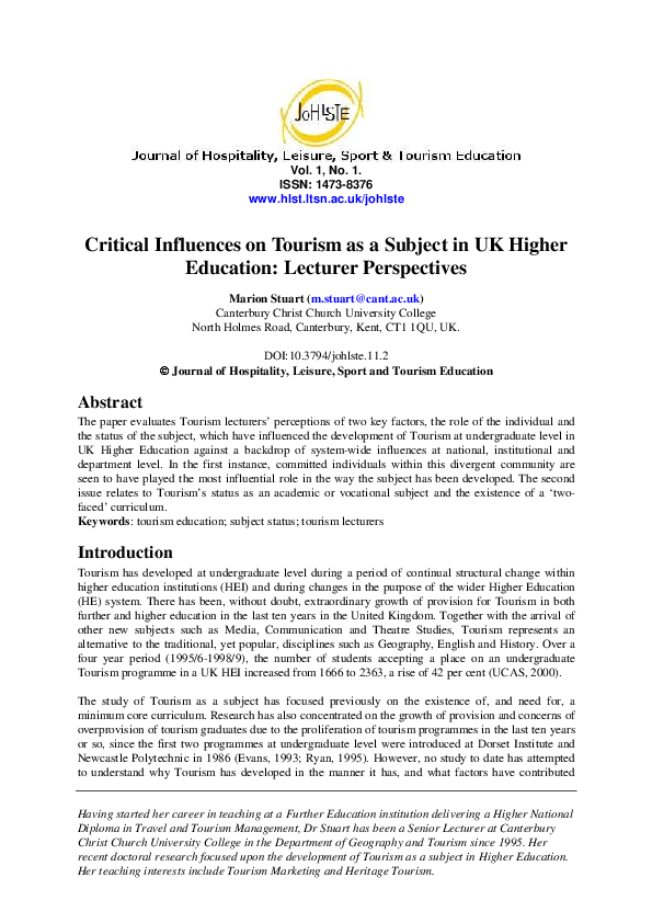 (PDF) Critical Influences on Tourism as a Subject in UK Higher ...
