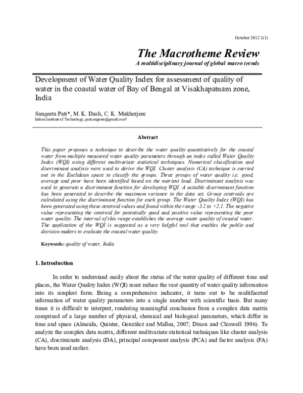 (PDF) Development of Water Quality Index for assessment of quality of
