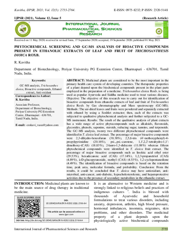 (PDF) PHYTOCHEMICAL SCREENING AND GC-MS ANALYSIS OF BIOACTIVE COMPOUNDS ...