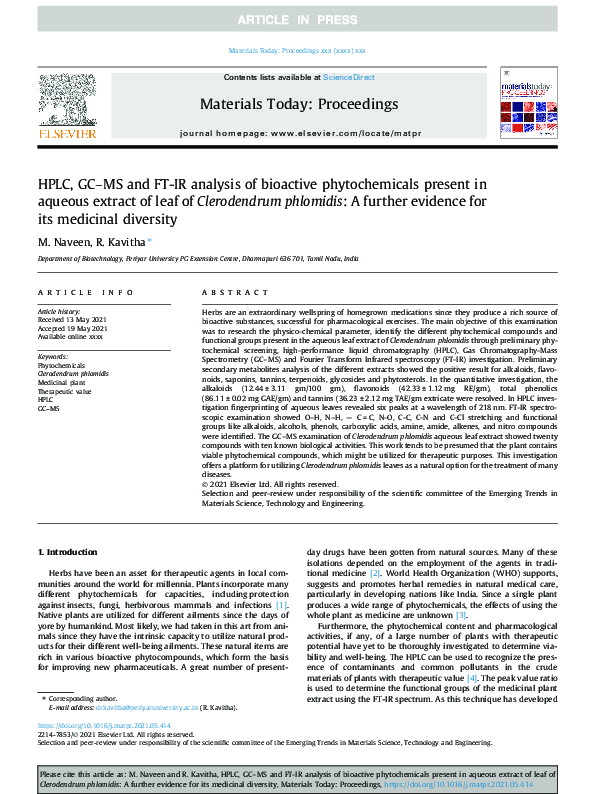 (PDF) . HPLC, GC–MS and FT-IR analysis of bioactive phytochemicals