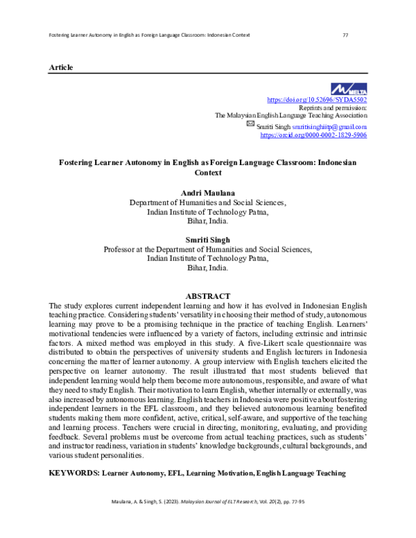 (PDF) Fostering Learner Autonomy in English as Foreign Language ...