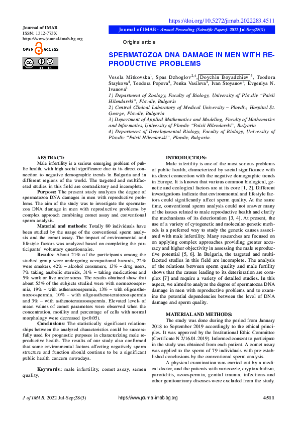 (PDF) Spermatozoa Dna Damage in Men with Reproductive Problems