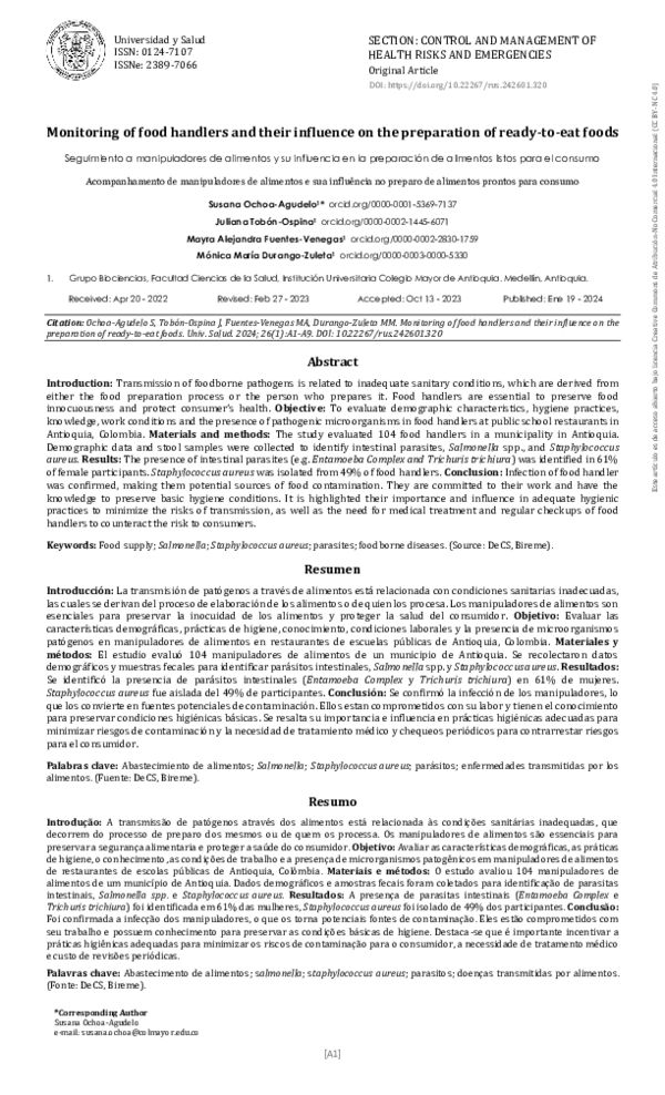 (PDF) Monitoring of food handlers and their influence on the ...