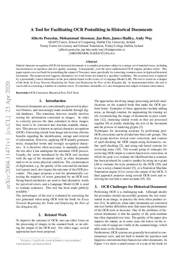 (PDF) A Tool for Facilitating OCR Postediting in Historical Documents