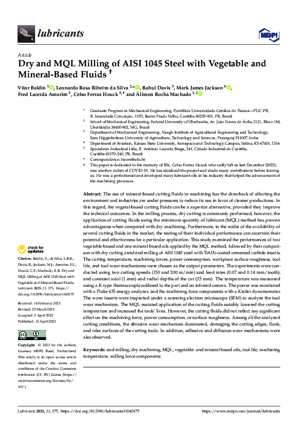 (PDF) Dry and MQL Milling of AISI 1045 Steel with Vegetable and Mineral ...