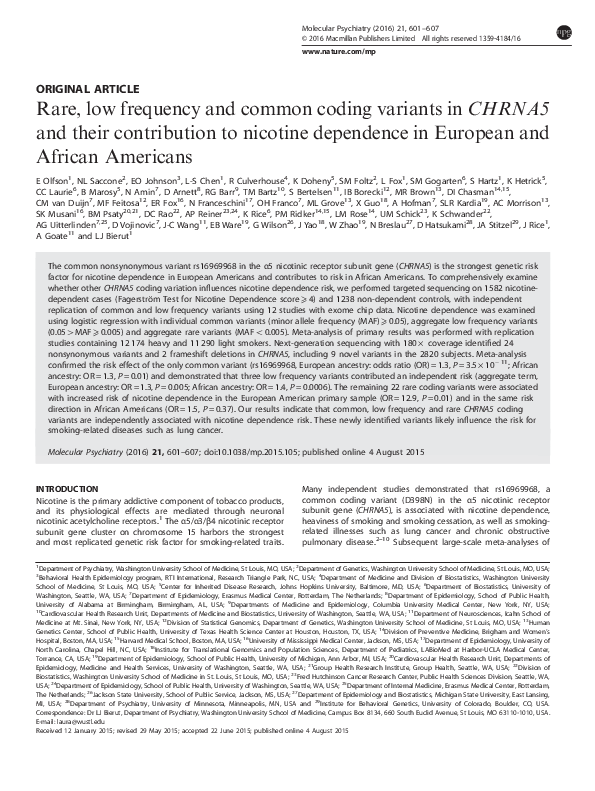 (PDF) Rare, low frequency and common coding variants in CHRNA5 and ...