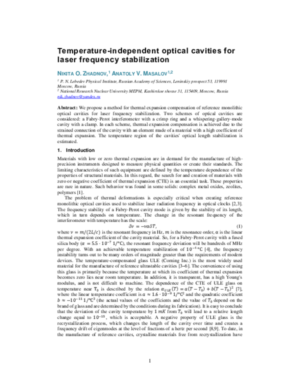 (PDF) Temperature-independent optical cavities for laser frequency ...