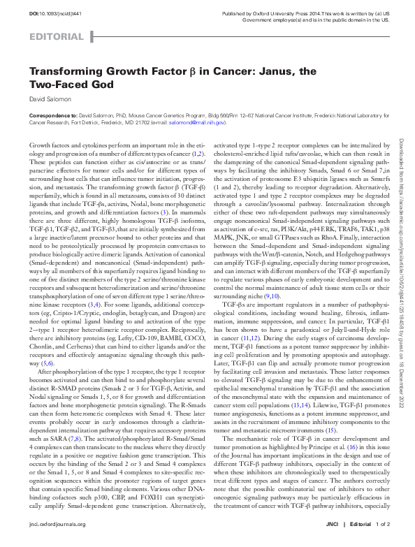 (PDF) Transforming Growth Factor in Cancer: Janus, the Two-Faced God