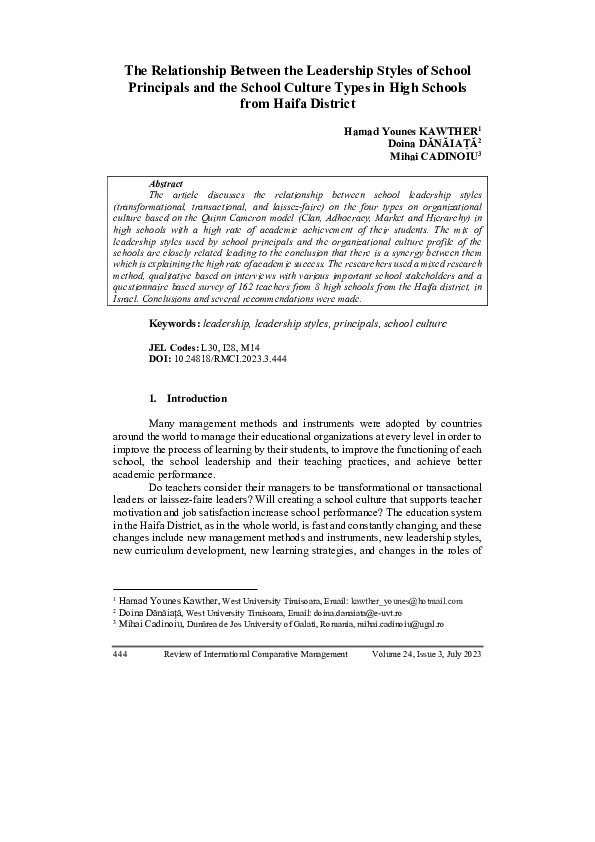 (PDF) The Relationship Between the Leadership Styles of School ...
