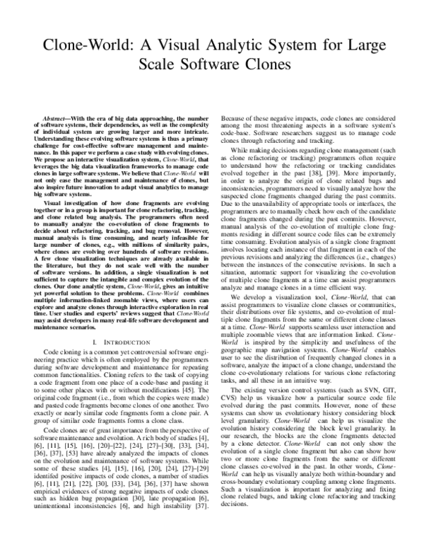 (PDF) Clone-World: A visual analytic system for large scale software clones