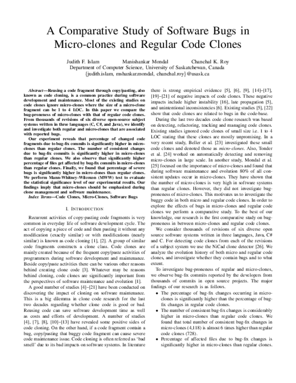 (PDF) A Comparative Study of Software Bugs in Micro-clones and Regular ...
