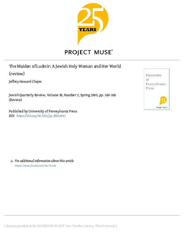 (PDF) The Maiden of Ludmir: A Jewish Holy Woman and Her World (review)