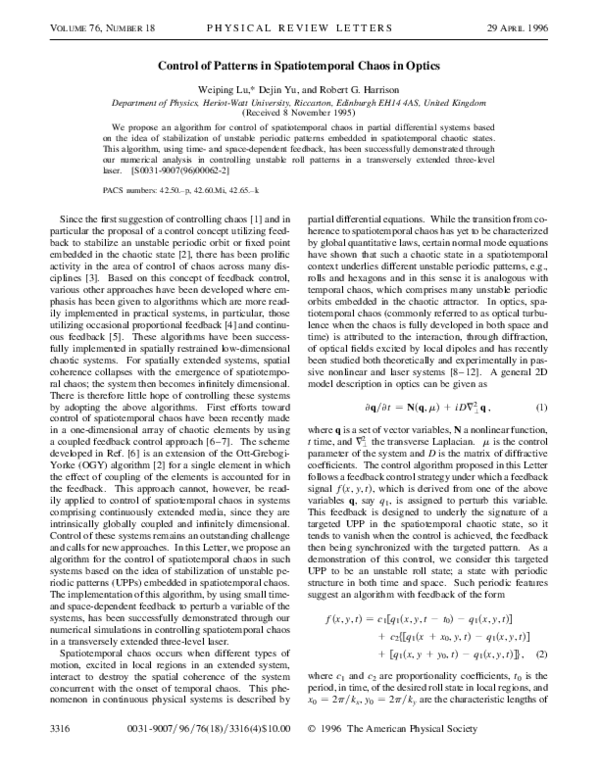 (PDF) Control of Patterns in Spatiotemporal Chaos in Optics