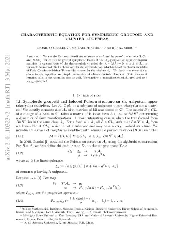 (PDF) Characteristic equation for symplectic groupoid and cluster algebras