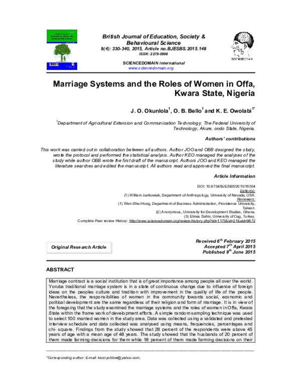 (PDF) Marriage Systems and the Roles of Women in Offa, Kwara State, Nigeria