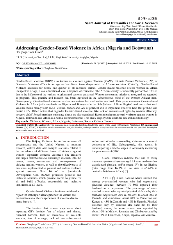 (PDF) ADDRESSING GENDER BASED VIOLENCE IN AFRICA (NIGERIA AND BOTSWANA)