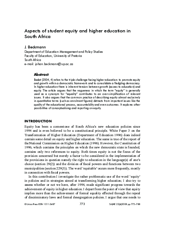 (PDF) Aspects of student equity and higher education in South Africa