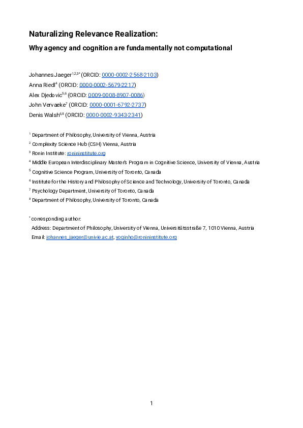 (PDF) Naturalizing Relevance Realization: Why agency and cognition are ...