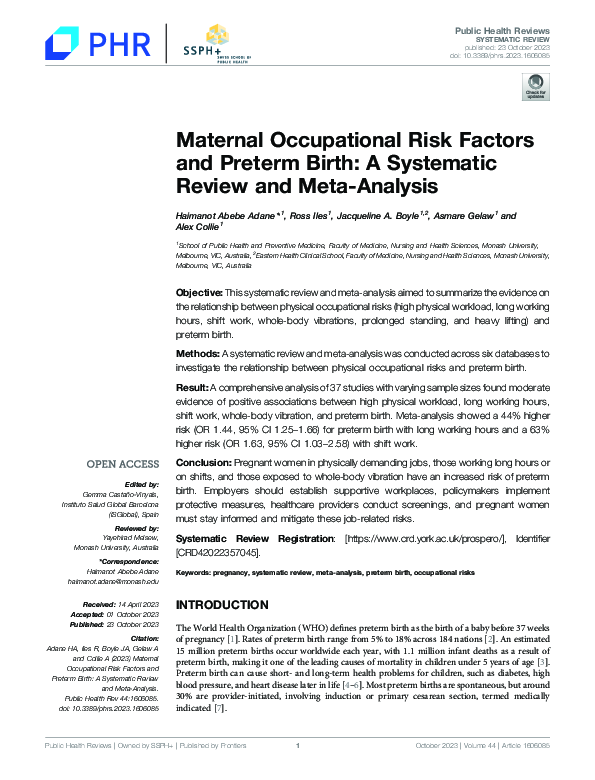 (PDF) Maternal Occupational Risk Factors and Preterm Birth: A ...