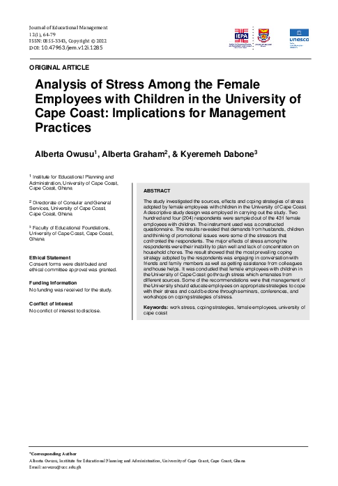 (PDF) Analysis of Stress Among the Female Employees with Children in ...