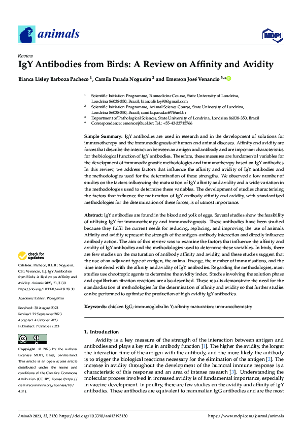 (PDF) IgY Antibodies from Birds: A Review on Affinity and Avidity