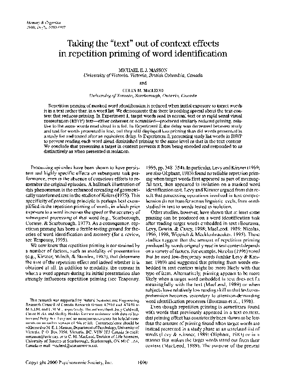 (PDF) Taking the “text” out of context effects in repetition priming of ...