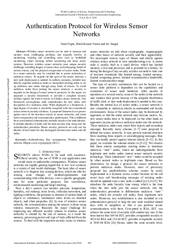 Picture of (PDF) Authentication Protocol for Wireless Sensor Networks