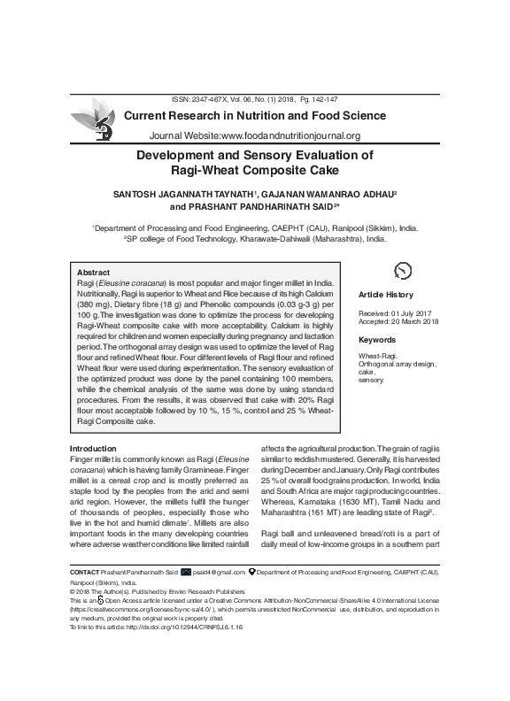 (PDF) Development and Sensory Evaluation of Ragi-Wheat Composite Cake