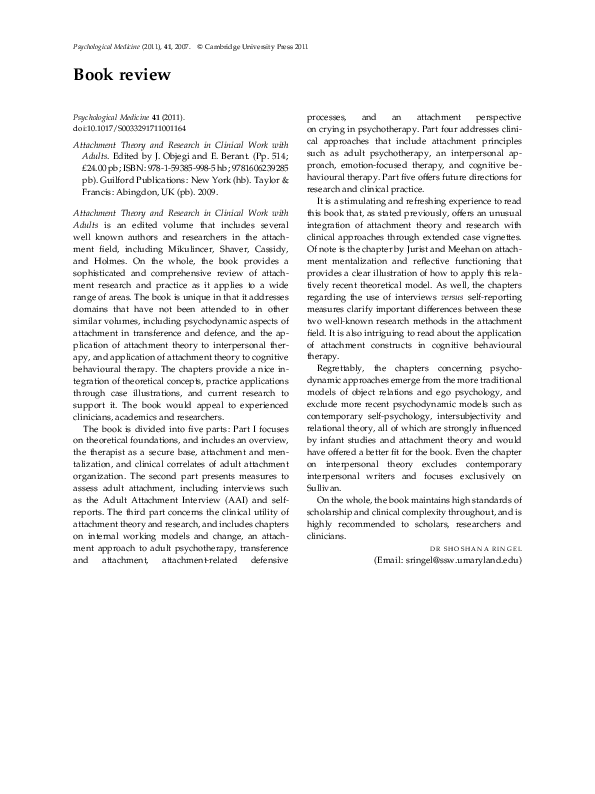 (PDF) Attachment Theory and Research in Clinical Work With Adults