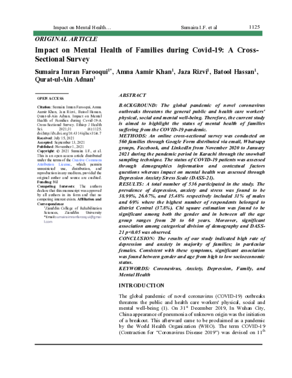 (PDF) Impact on Mental Health of Families during Covid-19: A Cross ...
