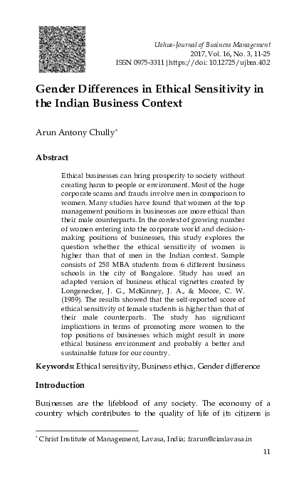 (PDF) Gender Differences in Ethical Sensitivity in the Indian Business ...