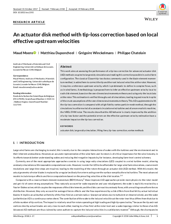 (PDF) An actuator disk method with tip-loss correction based on local ...