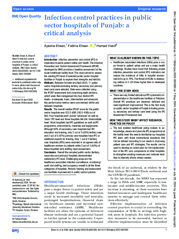 (PDF) Infection control practices in public sector hospitals of Punjab ...