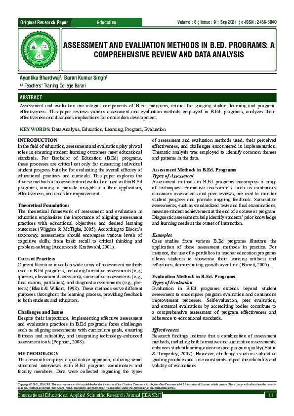 (PDF) ASSESSMENT AND EVALUATION METHODS IN B.ED. PROGRAMS: A ...